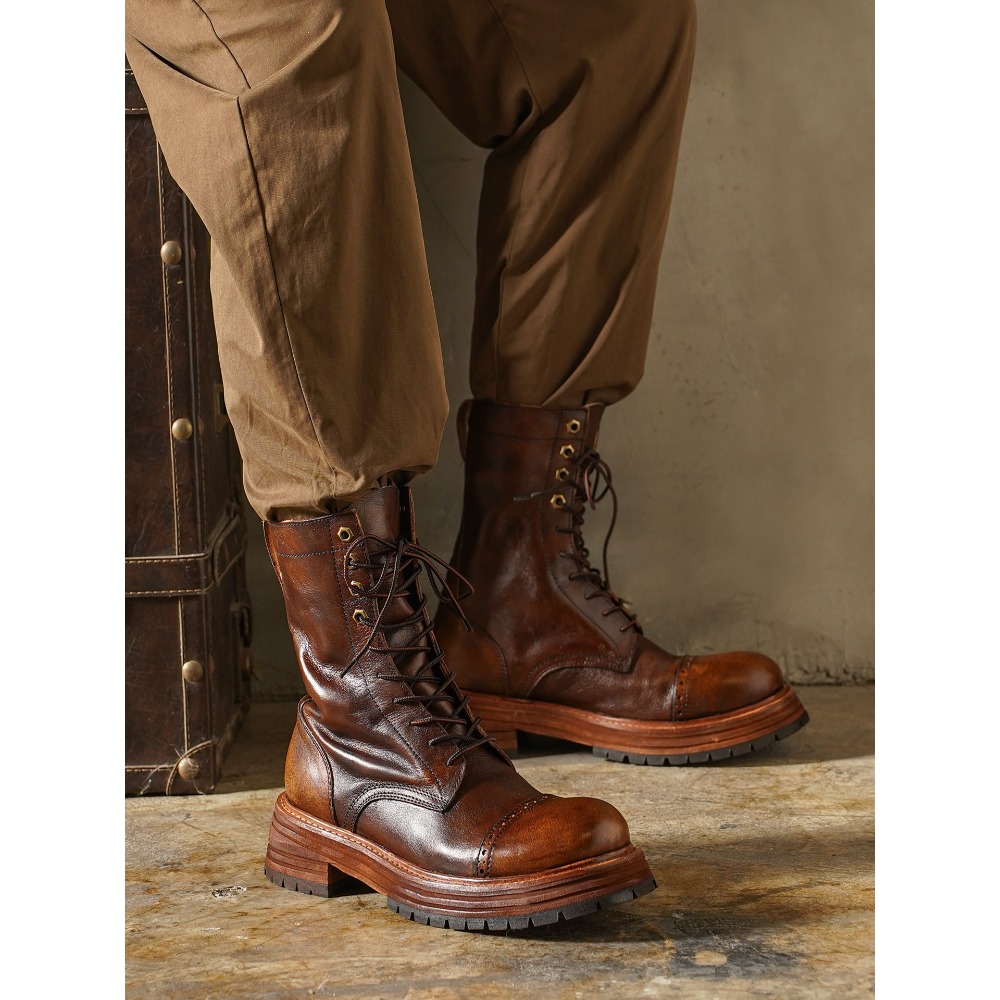Men'S Shoes Brogues - Botas de moto de cuero genuino